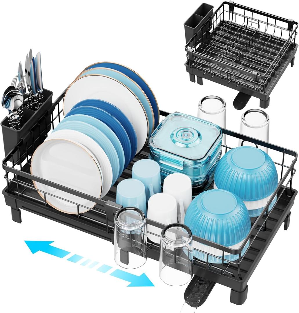 GSlife Expandable Dish Drying Rack for Kitchen Counter, 12-20.5 Inch Compact Dish Rack with Drainboard, Swivel Spout, Cup & Utensil Holder, Rust-Resistant Dish Drainer for Small Kitchen, RV, Black