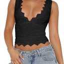 REORIA Womens Sexy V-Neck Sleeveless Double Lined Going Out Y2K Trendy Lace Cropped Tank Tops XL