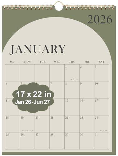 Large Calendar 2026 with Spiral Bound - 18 Month Big Calendar from January 2026 to June 2027, Vertical Large Monthly Calendario 2026 for Wall, 22" x 17", Green