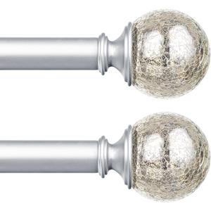 KAMANINA 2 Pack Curtain Rods for Windows 48 to 84 Inches, Silver Decorative Curtain Rod 32 to 86 inch(2.6-7.1ft), 7/8 inch Single Drapery Rods with Crackle Glass Finials