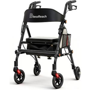 BlessReach Lightweight Foldable Rollator Walkers with Seat for Seniors, 350 lb Capacity, 5-Position Adjustable Height, Premium Hybrid Rolling Walker - Aluminum and Carbon Steel (Black)