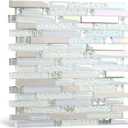 Blujellyfish Glass Metal Tile Iridescent White Glass Silver Mirror Stainless Steel Blends Interlocking Strip Wall Tiles TSTNB01 (Pack of 5 Sheets)