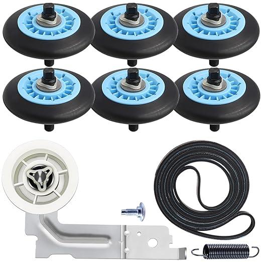 Upgraded Dryer Repair Kit Compatible with Samsung Dryer Roller Replacement Kit, for DC9716782A Dryer Roller, DC9300634A Idler Pulley, 6602001655 Belt (6 Roller White Spacer)