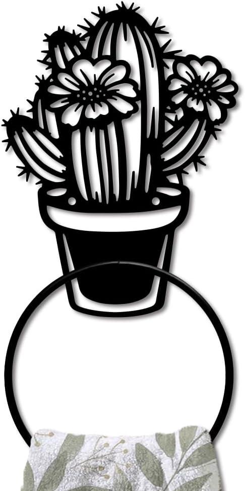 MAYJOYDIY Cactus Metal Towel Ring Cactus Potted Plant Hand Towel Holder Succulent Flowers Towel Ring Black Plant Towel Rack Wall Mounted for Bathroom Kitchen Towel Hanger Home Decors Gift