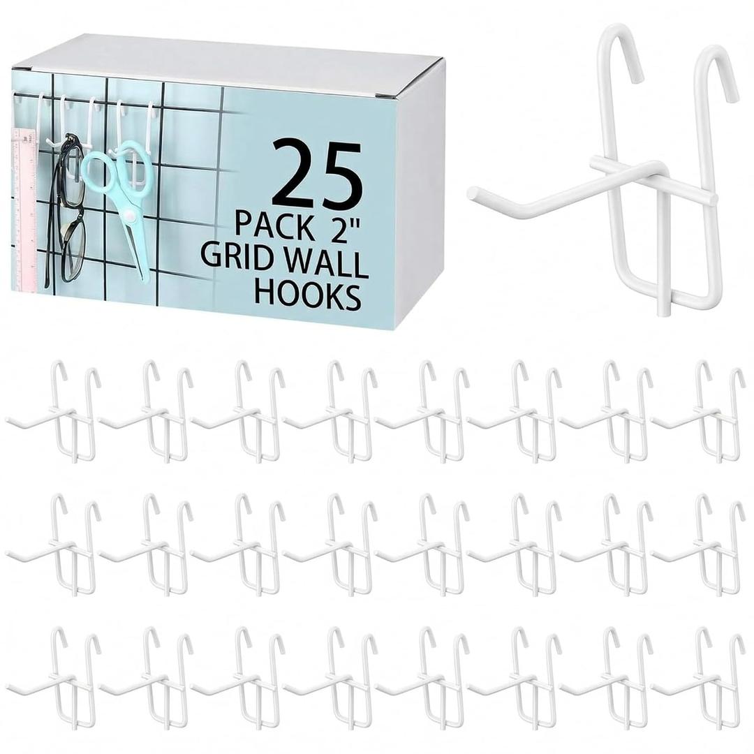 Moxweyeni 2 Inch Grid Wall Hooks 25 Pcs Gridwall Panel Hooks Store Garage Wall Mount Organizers Storage Grid Display Hangers for Retail, Craft Show, Home Setup, Customized Display(White)