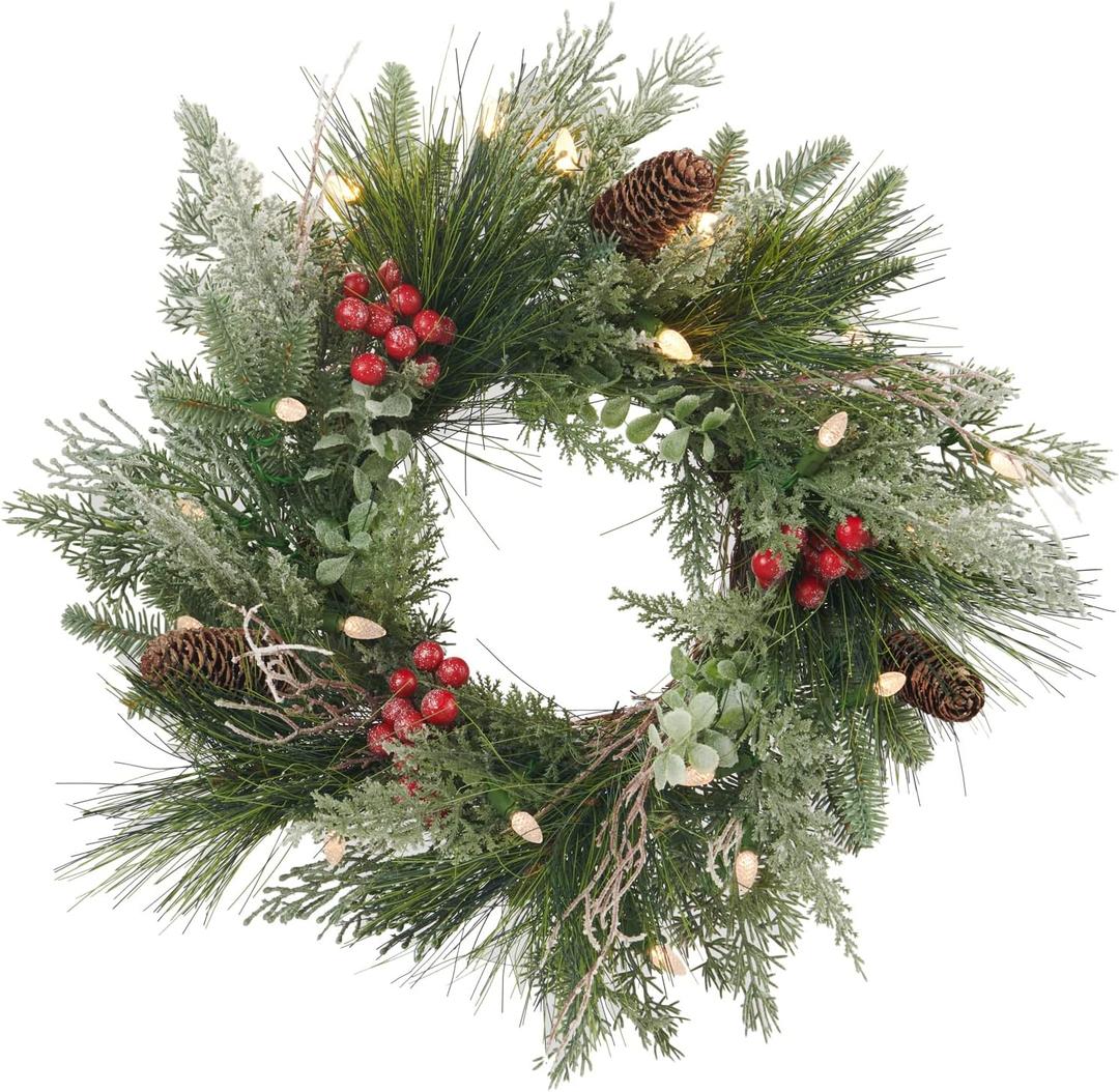 Pre-lit Christmas Wreath for Front Door, Flocked Branches, 18 Inch Battery Operated 20 LED Lights, Decorations for Indoor & Outdoor Green