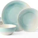 Famiware Glacier Stoneware Dinnerware Sets, Plates and Bowls Sets, 12 Pieces Kitchen Dishes Set for 4 - Dishwasher and Microwave Safe, Chip and Scratch Resistant, Aqua