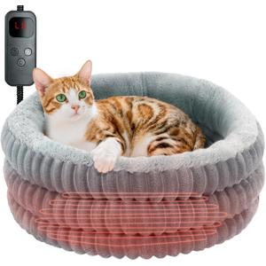 Heated Cat Bed Indoor, 20" Round Donut Deep Sleep Calming Heated Pet Beds for Cats and Small Dogs, Comfort Electric Thermal Cat Warming Bed with Adjustable Heating Pad, Washable and Indoor Use