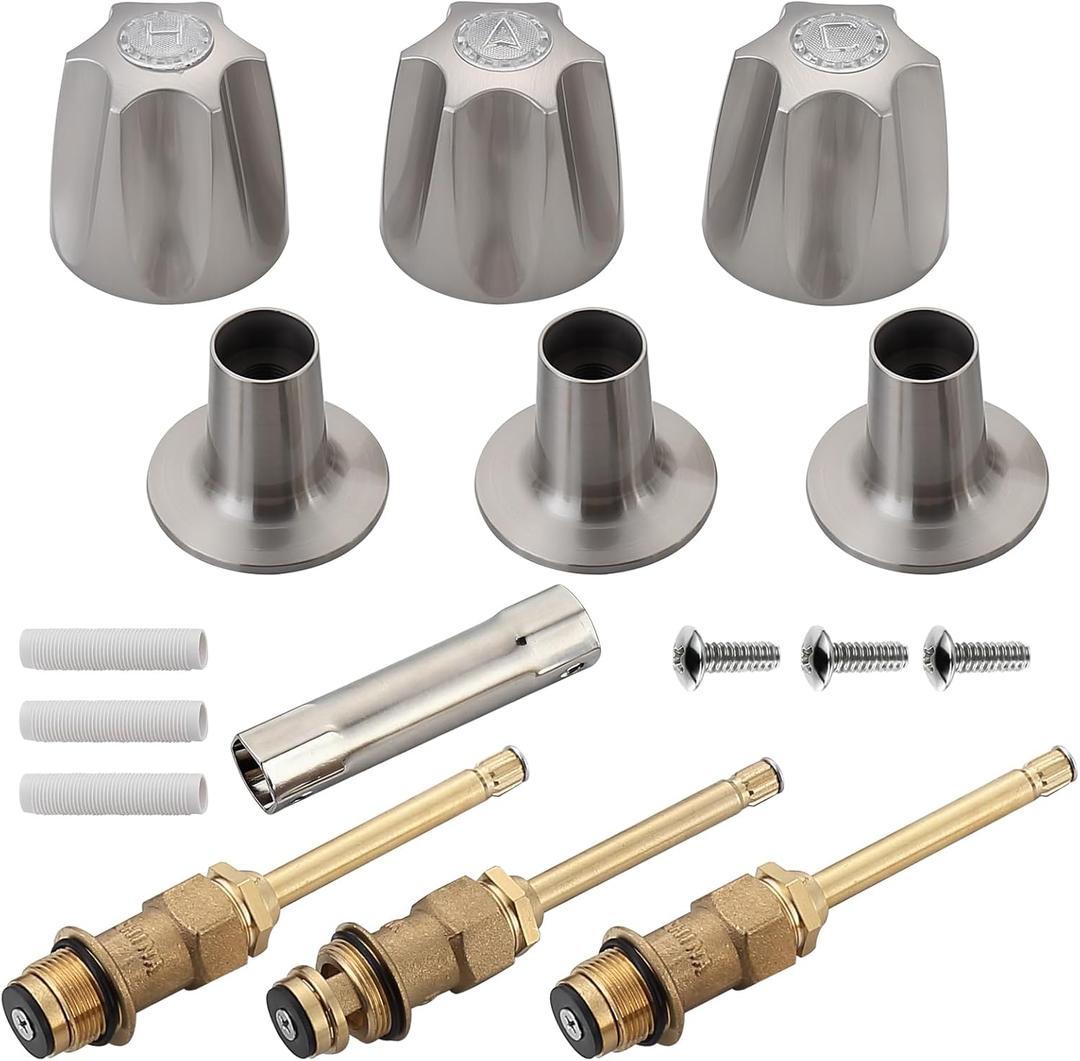 39619 Bathtub Shower Handle Remodel/Rebuild Trim Kit, Shower Knob 3 Piece for Price Pfister Verve Faucets, Includes 12H-2H, 12H-2C, 12H-18D Stems and Tubs knob Handle and Flange Base (Brushed Nickel)