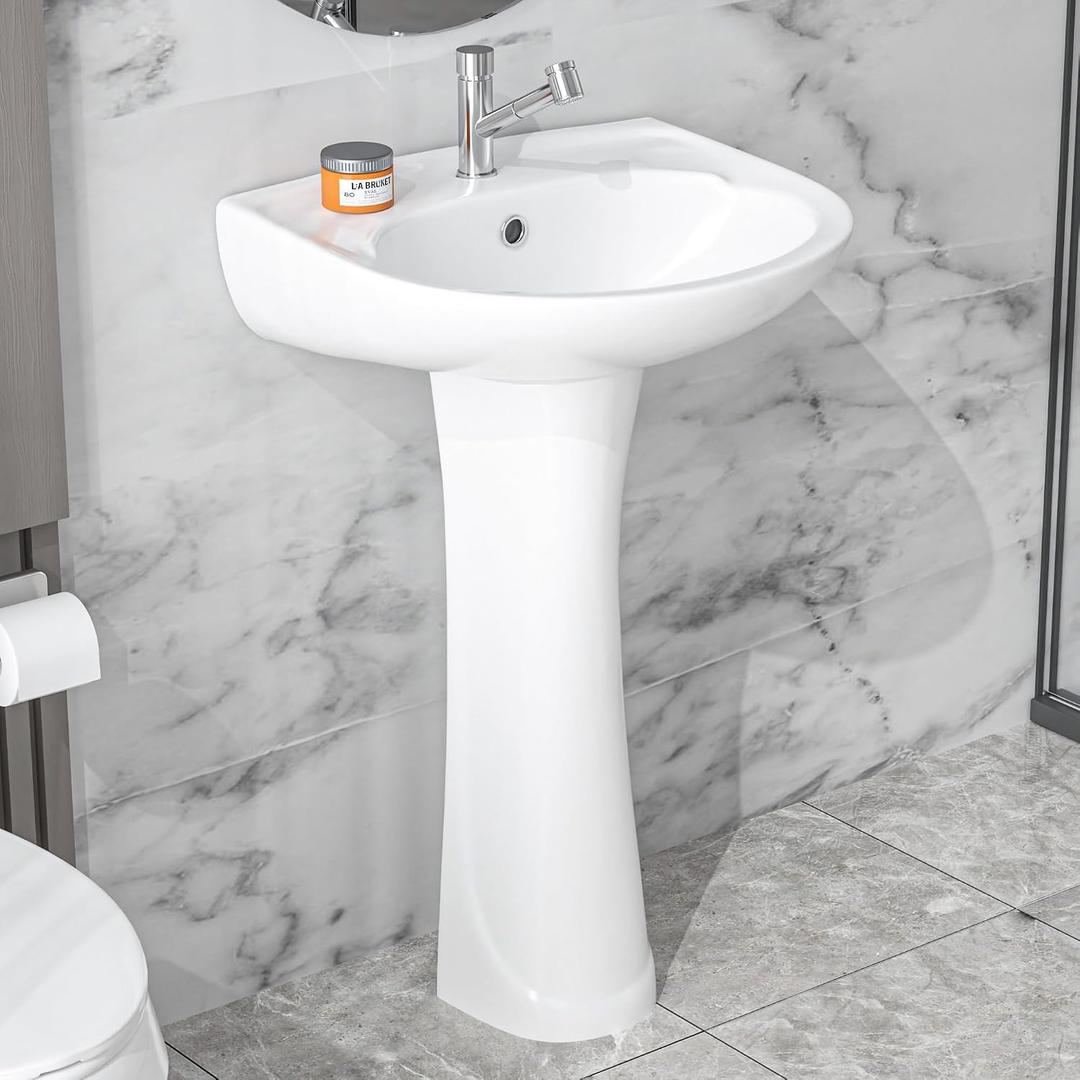 20"x17" Small White Porcelain Pedestal Sink 1 Hole for Bathroom, 20"x17"x32"H