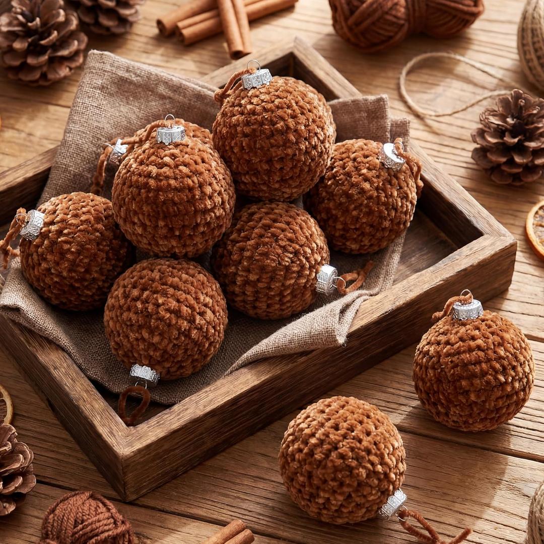 8 Pcs Brown Crochet Christmas Ornaments Balls 3.15 Inch Velvet Knitted Balls Ornaments Handmade Crochet Decoration for Xmas Tree Farmhouse Decor