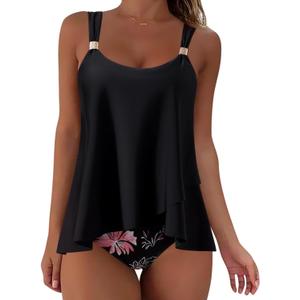 SUUKSESS Women Ruffle High Waisted Tankini Swimsuit Tummy Control Bathing Suit Medium