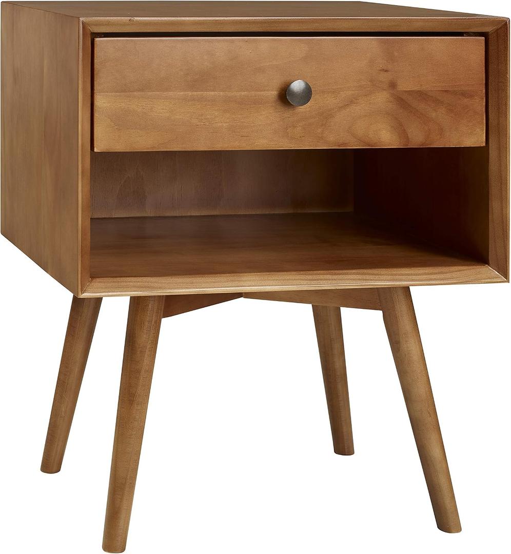 Walker Edison Mid Century Modern Wood Nightstand Side Table Bedroom Storage Drawer and Shelf Bedside End Table, 1 Drawer, Caramel