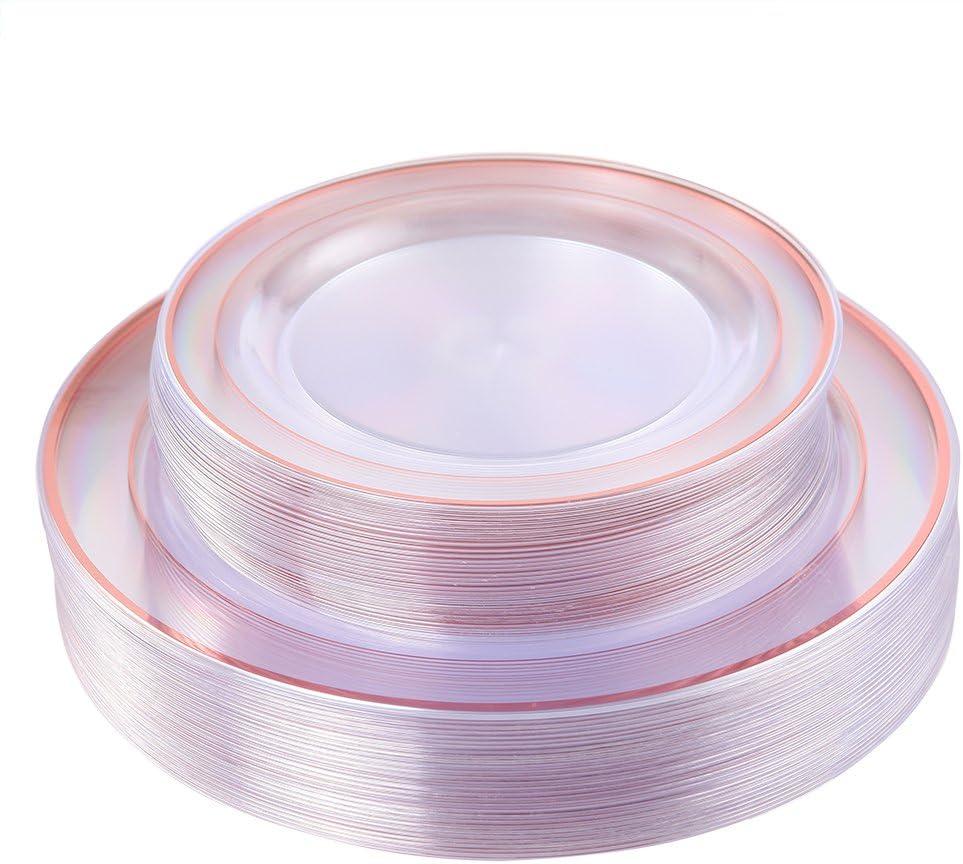 60PCS Clear Rose Gold Plastic Plates Disposable - Heavy Duty 12 Inch Clear Plastic Dessert Plates with Rose Gold Trim - Ideal for Party, Wedding & Mother’s Day