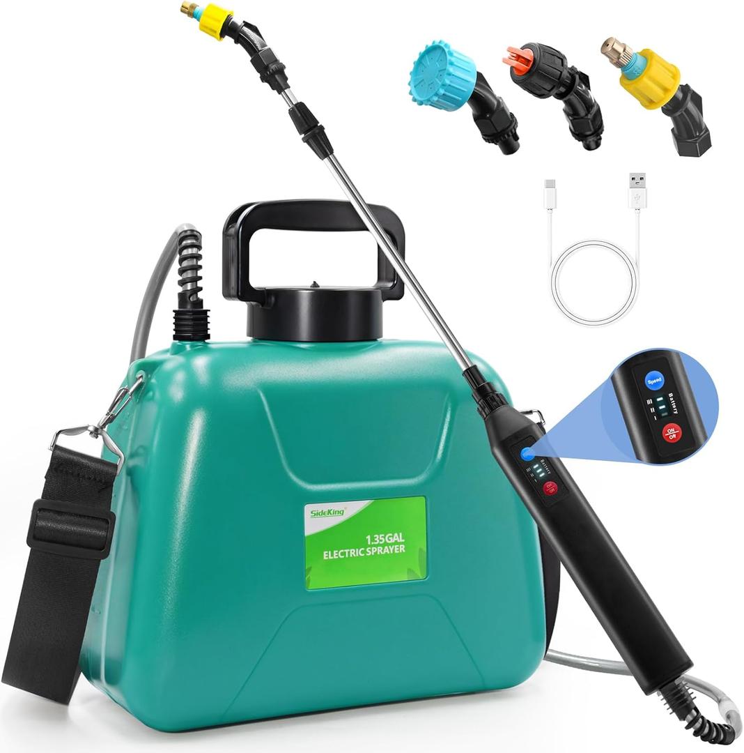 1.3 Gallon Battery Powered Garden Sprayer, Cute Electric Sprayer with USB Rechargeable Handle, 3 Mist Nozzles, Retractable Wand, Water Pump Sprayers for Yard, Lawn and Garden (Green)