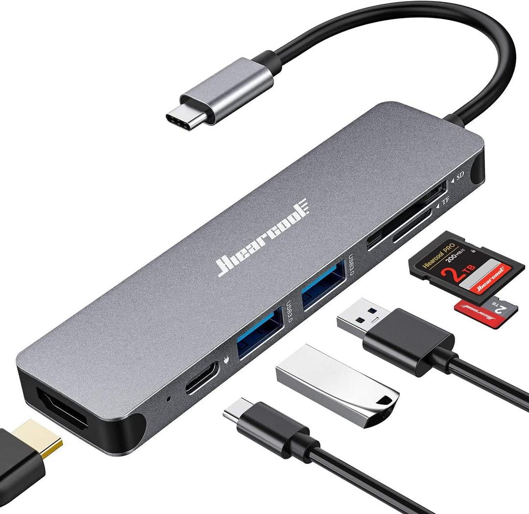 Hiearcool USB C Hub for MacBook 7-in-1 USBC Adapter with 4K HDMI, 100W PD, USB 3.0 5Gbps Ports, SD/TF Card Reader USB-C Dongle for Office, Meetings, Travel & Home Setup-Space Grey