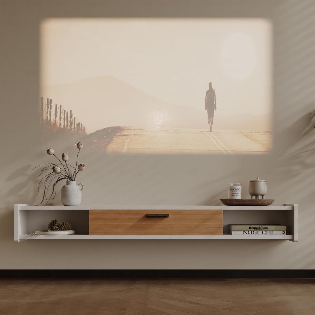 Furniloft 86'' Floating TV Stand, Wall Mounted TV Console, Floating TV Cabinet, Under TV Shelf for Bedroom Living Room(White)