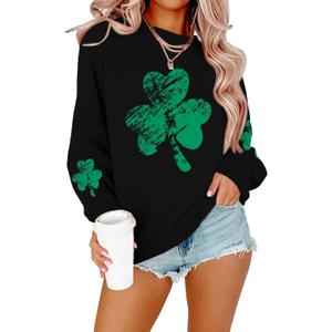 DUTUT St. Patrick's Day Sweatshirt Women Shamrock Shirt Lucky Clover Graphic Shirts Irish Casual Long Sleeve Tops (Black, S)