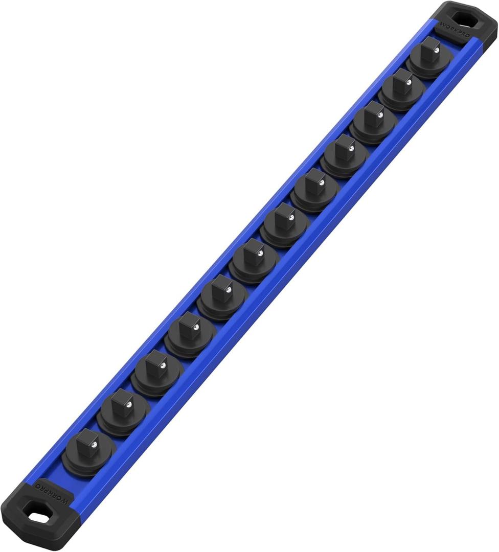 WORKPRO Magnetic Socket Organizer, 1/4-Inch Drive Aluminum Alloy Sockets Rail, Heavy Duty Sockets Holder, Socket Rack Kit 1/4-Inch x 12 Clips(Blue)