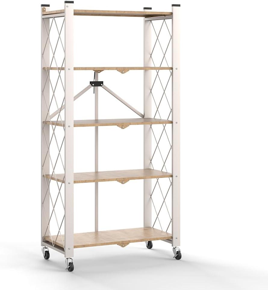 Hershii 5 Tier Foldable Storage Shelves with Wheels - Metal Collapsible Shelving Unit Display, Heavy Duty No Assembly Organizer Shelf for Garage, Kitchen, Basement, Pantry Light Brown