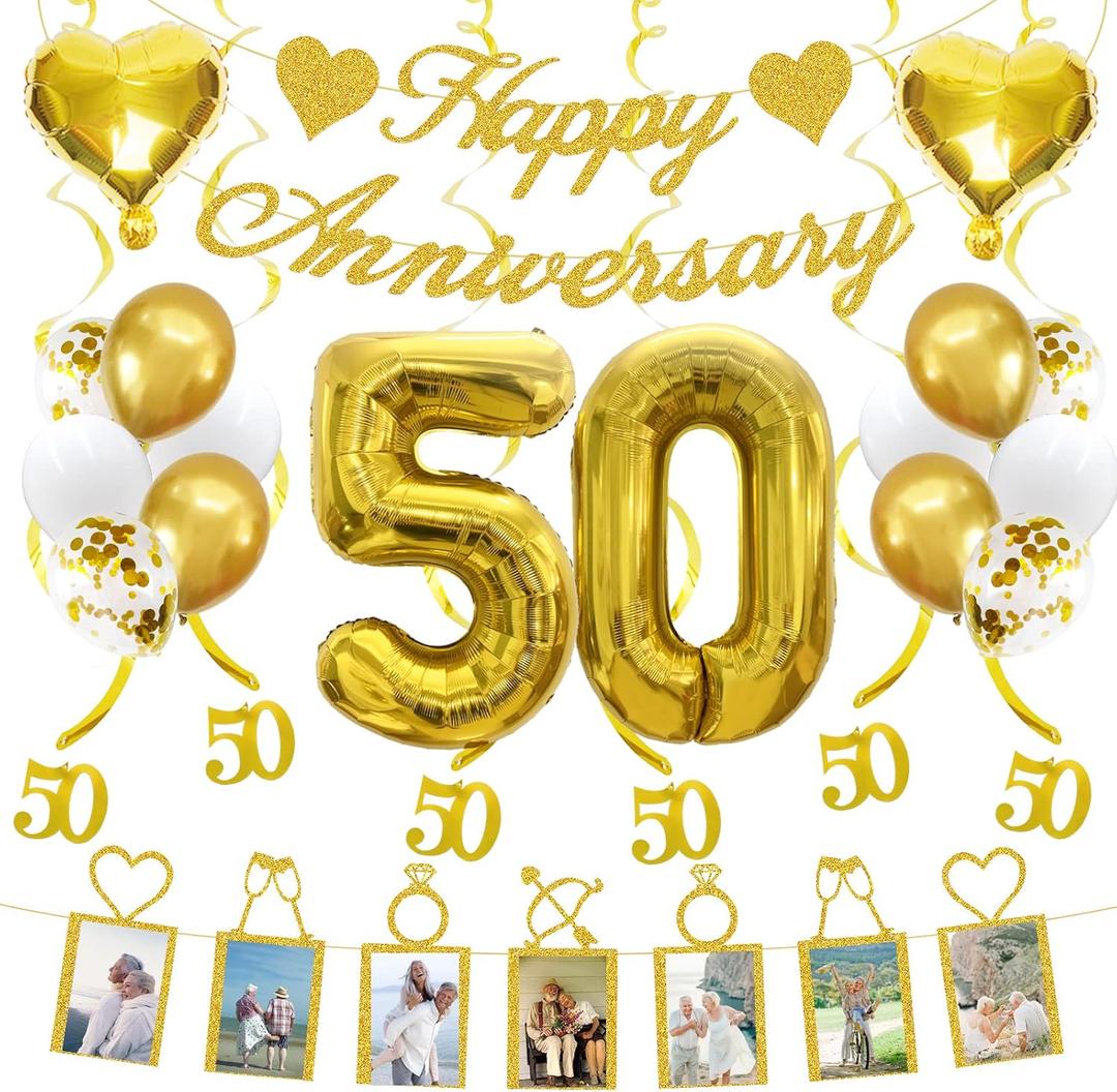 50th Anniversary Decorations Party Supplies Set of Happy Anniversary Photo Banner and Balloons,Hanging Swirls for 50 year Wedding decor(Gold)