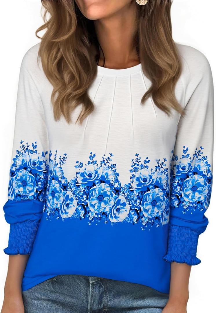 Long Sleeve Shirts for Women 2026 Spring Dressy Casual Blouses Pleated Crewneck Tunic Tops for Leggings Cute Tee (X-Large, White Blue Floral 1)