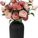 Artificial Flowers with Vase, 15 Heads Silk Roses, Flowers for Centerpieces, Matte Black Metal Vase, Modern Farmhouse Decor, Tabletop Decorations for Party, House Stuff for New Home, 8.6"