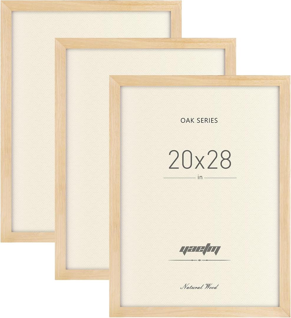 Yaetm 20x28 Picture Frame Set of 3, Natural Solid Oak Wood 20x28 Poster Frame, Wide Molding, Wall Mount (3 pack, Oak)