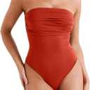 REORIA Women's Sexy Strapless Ruched Bodysuit Tube Top Sleeveless Trendy Body Suits (Medium, Color: Cherry Red
)