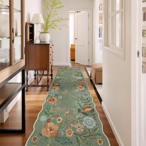 Lahome Floral Hallway Runner Rug Non Slip, 2'6''x10' Washable Runner Rug Soft Ultra-Thin Soft Kitchen Runners for Hallways, Distressed Carpet for Entryway Bathroom (Green)