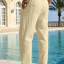 Linen Pants Men Casual Elastic Waist Drawstring Loose Straight with 4 Pockets (XL)