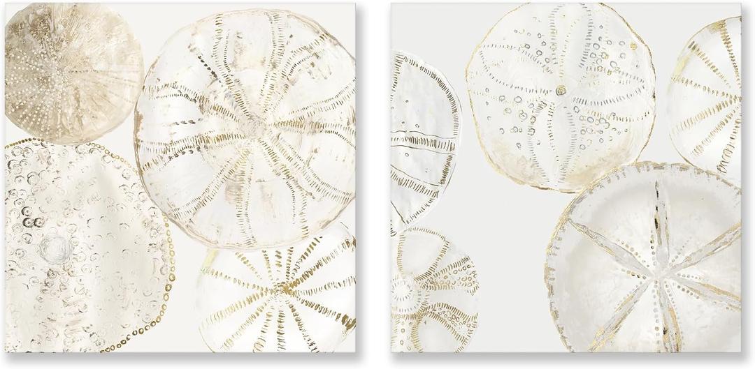 2 Pieces Coastal Wall Art Sea Shell Sand Dollar Painting Modern Abstract Gold and Neutral Wall Decor Ocean Theme Artwork for Bedroom Living Room Ready to Hang 20x20Inchx2pcs