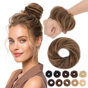 MY-LADY Messy Bun Hair Pieces Human Hair for Women Real Hairpiece Straight Scrunchies Tousled Updo Donut Chignon Ponytail Extension Dark Brown & Light Brown