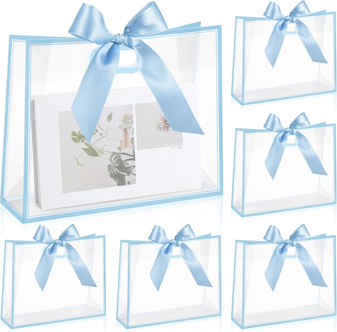Aliceset 12 Pcs Clear Plastic Gift Bags with Die Cut Handles Reusable Gift Wrapping Bag with Ribbon for Wedding Valentine Bridal Shower Baby Shower, 12 x 10 x 5''(Blue)