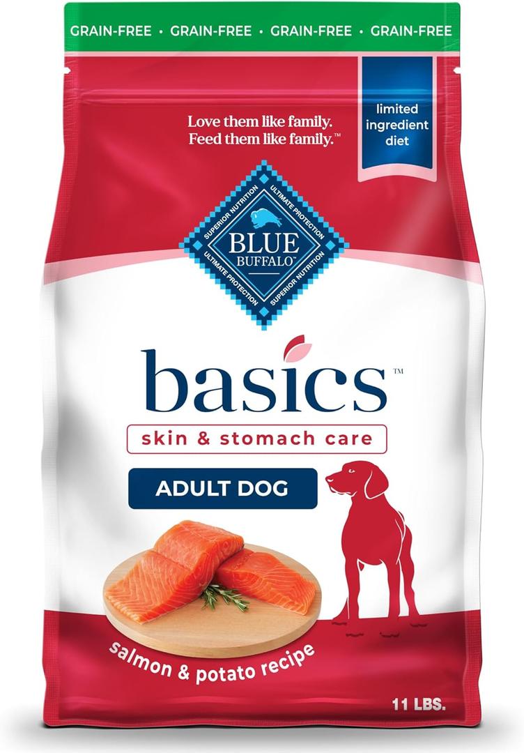 Blue Buffalo Basics Grain-Free Dry Dog Food for Adult Dogs, Limited Ingredient Diet, Salmon Recipe, 11-lb Bag, BB Date: 01/23/2026