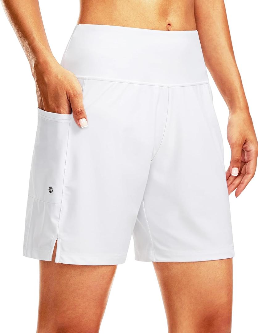G Gradual Women's 7" Long Swim Board Shorts High Waisted Quick Dry Beach Swimming Shorts for Women with Liner Pockets (Medium, White)