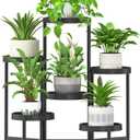 iDavosic.ly 6 Tier Folding Plant Stand Indoor Outdoor with Plastic Tray, Tiered Corner Flower Holder Shelf, Metal Orchid Display Rack for Patio Porch Living Room Garden Balcony, Modern Black