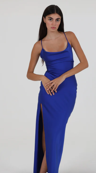 IHOT Women's Sleeveless One Shoulder Bodycon Ruched Slit Wedding Guest Cocktail Midi Dress (Large, Blue)