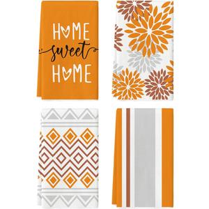 Artoid Mode Orange Stripes Home Sweet Home Boho Kitchen Towels Dish Towels, 18x26 Inch Fall Decoration Hand Towels Set of 4