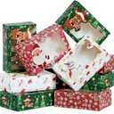 JOYIN 24 PCS Christmas Foil Treats Cookie Gift Boxes (8.75" x 5.75" x 2.75") Colorful Pattern Bakery Box with Window for Xmas Holiday Birthday Party Pastries, Cupcakes, Brownies, Donuts Gift-Giving