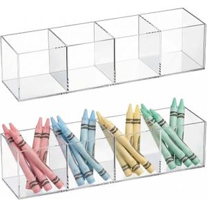 Epakh 2 Pieces 4 Compartment Acrylic Cube Organizer 4 Section Clear Acrylic Pencil Holder Small Drawer Organizer for Makeup Brush Crayon Desk Home Office Back to School Supplies