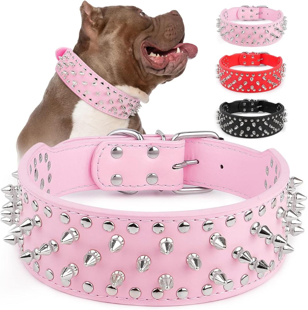 Epesiri Adjustable Wide Spiked Dog Collar, Mushroom Rivet PU Leather Cat Dog Collars, Durable Spike Studded Pet Collar for Small Medium Large Breed, PitBull Mastiff Bulldog Pugs Husky Rottweiler, Pink, XS