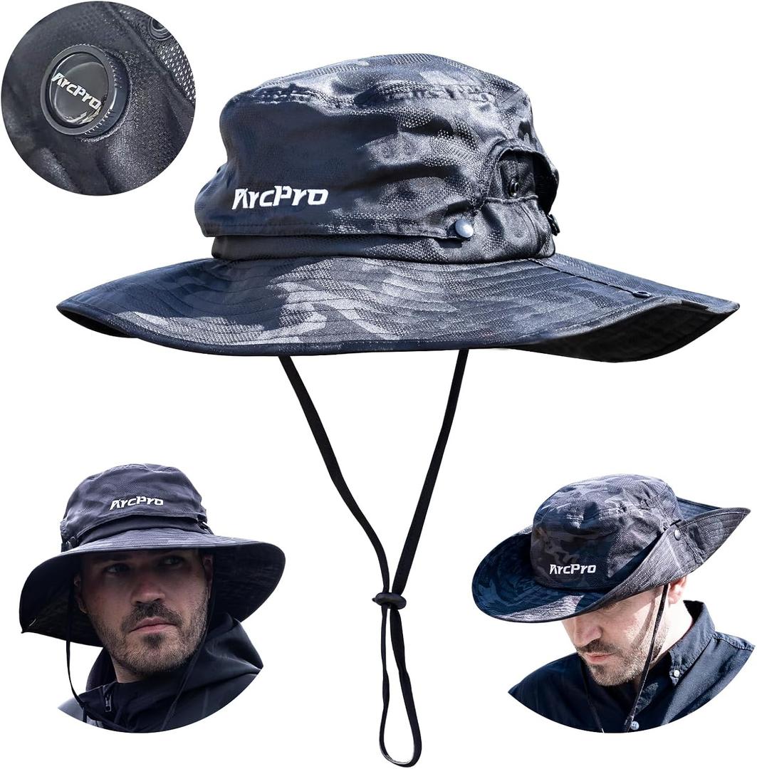 Fishing Hat for Men with Removable Top Breathable Mesh Mens Fishing Sun Hat, 2-in-1 Waterproof Rain Hat UV Protection (Black)