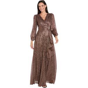 R&M Richards Women's Long Sleeve Pleated Wrap Maxi Dress - Evening & Party Gown W/Ruched Waist & Ruffle Size 6