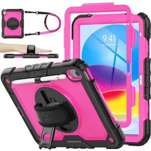 SEYMAC stock Case for iPad (A16) 11th/10th Generation 11''/10.9'' 2025/2022, Full-Body Drop Protection Case with Screen Protector &360 Rotate Hand Strap/Stand, Pink+Black