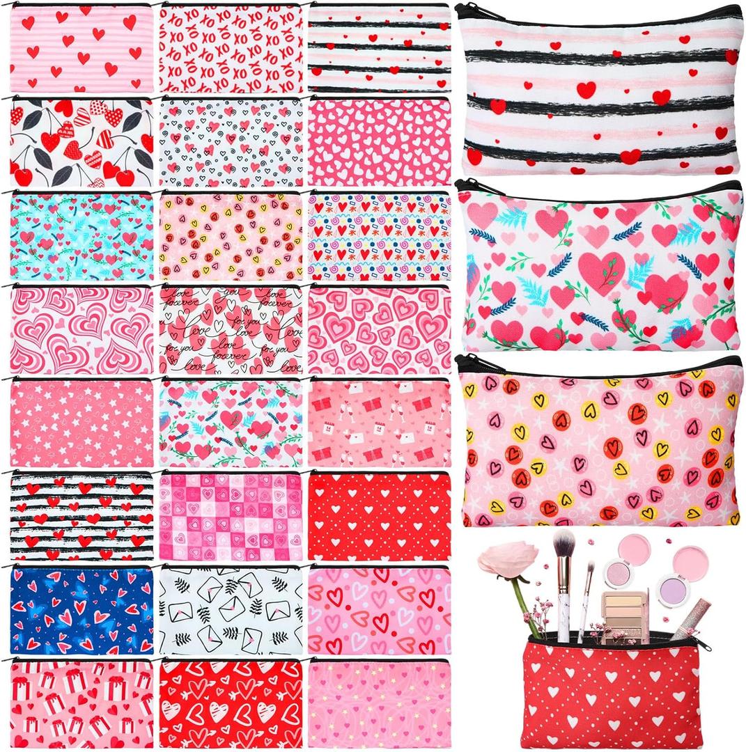 Meanplan 24 Pcs Valentine's Day Cosmetic Bags Heart Love Makeup Bags Travel Zipper Cosmetic Organizer Valentine's Day Gift for Women and Girls 24 Styles (Pink)