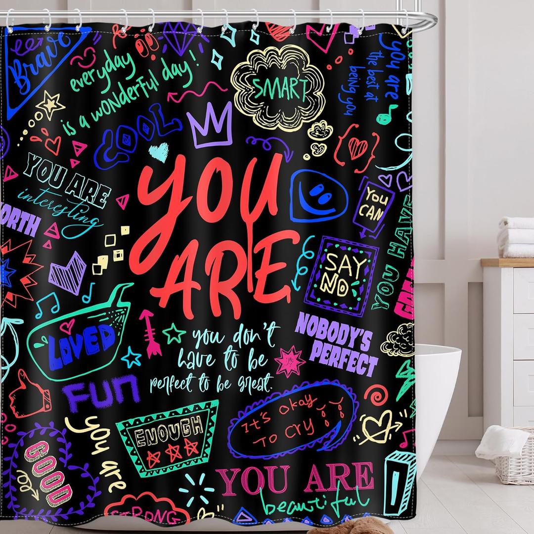 AMBZEK Kids Colorful Quotes Shower Curtain,Teens Funny Neon Positive You are Motivational Inspirational Versers Cloth Fabric Polyester Bathroom Curtains Decor Set with 12 Pack Hooks 60Wx72L Inch