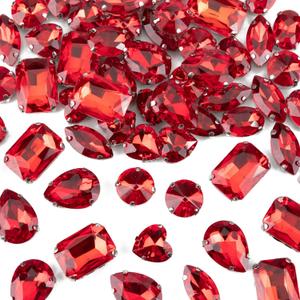 Sew On Rhinestones, Choupee 48PCS Mixed Shapes Sew On Glass Rhinestone Sewing Claw Rhinestone for Craft, Clothes, Garments, Dress, Earring, Belt, Shoes (Red, Stainless Steel - Silver Claw)