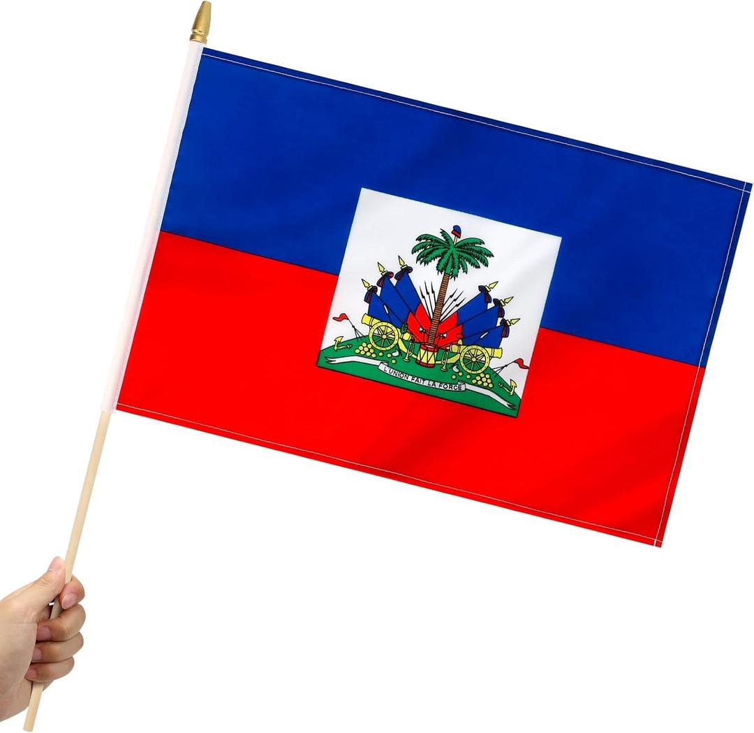 12 Pack Haiti Stick Flags Small 12x18 Inch Haitian Hand Held Flags with 24 Inch Wooden Pole Decorations