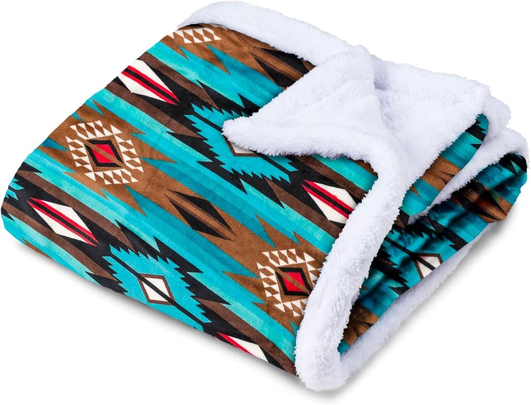 TrailCrest Ultra Soft Sherpa Fleece Throw Blanket, Cozy Plush Adult Blanket for Men & Women, Reversible with Aztec Prints, Machine Washable, 8 Colors (50x60, Teal and Brown)
